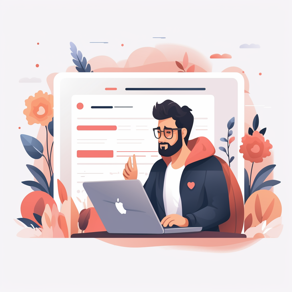 Illustration, man with a laptop, looking nice, flat lineart