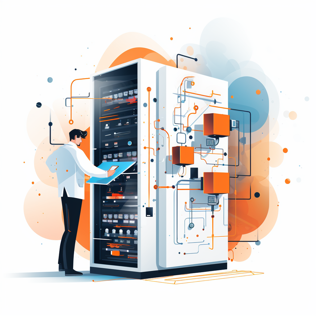 Illustration, man with a server, ISAE, data protection, flat lineart